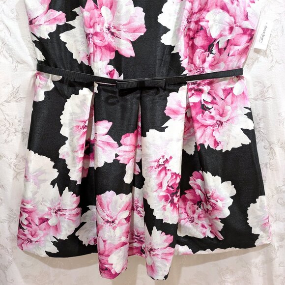 Floral Pleated Full Flare Dress 24 Shantung Bow Belt Pockets Retro Prom Party - Picture 2 of 6